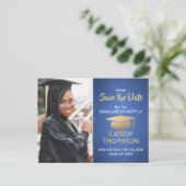 Geborsteld Blauw & Goud Afstuderen Foto Bewaar de  Briefkaart (Staand voorkant)