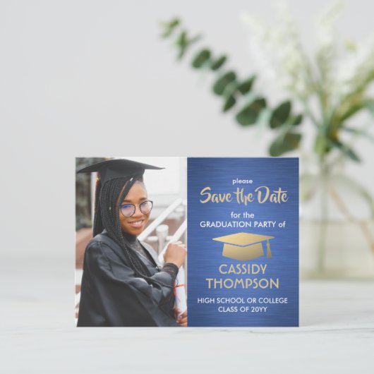 Geborsteld Blauw & Goud Afstuderen Foto Bewaar de  Briefkaart (Staand voorkant)