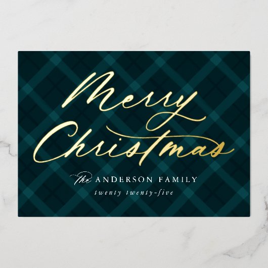 Geborsteld Blauwgroen Plaid Merry Christmas Non-Fo Folie Feestdagenkaart (Voorkant)
