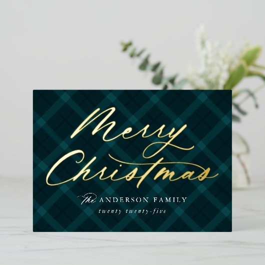 Geborsteld Blauwgroen Plaid Merry Christmas Non-Fo Folie Feestdagenkaart (Staand Voorkant)
