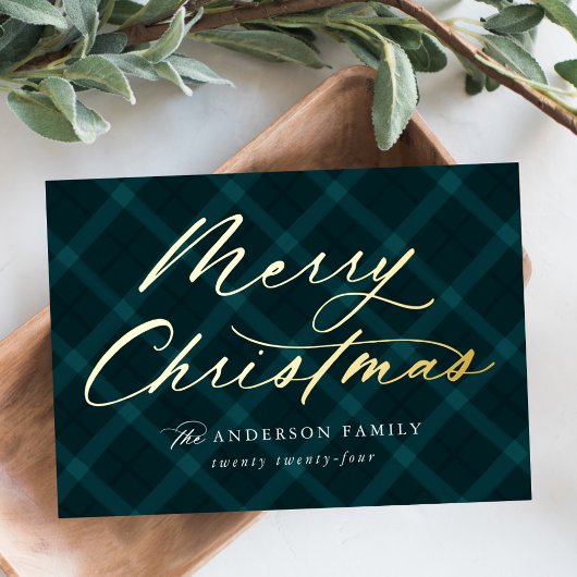 Geborsteld Blauwgroen Plaid Merry Christmas Non-Fo Folie Feestdagenkaart