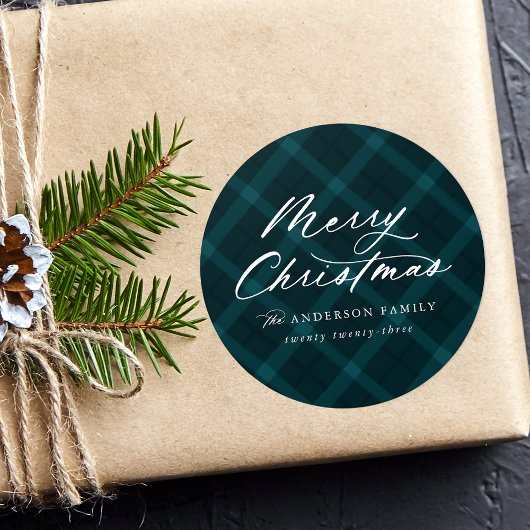 Geborsteld Blauwgroen Plaid Vrolijk Kerstfeest Ronde Sticker