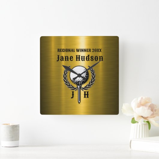 Geborsteld Goud Custom Golf Monogram Ontwerp Vierkante Klok (Huis)