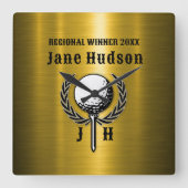 Geborsteld Goud Custom Golf Monogram Ontwerp Vierkante Klok (Voorkant)