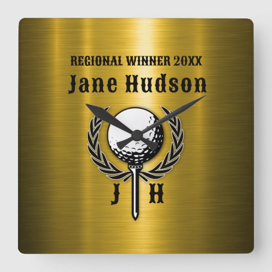 Geborsteld Goud Custom Golf Monogram Ontwerp Vierkante Klok (Voorkant)