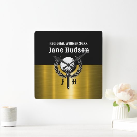 Geborsteld Goud Custom Golf Monogram Ontwerp Vierkante Klok (Huis)