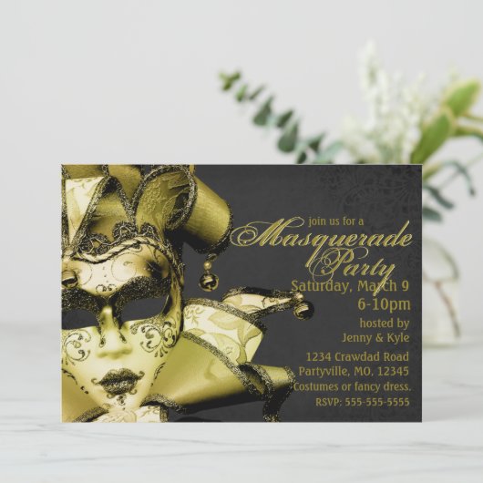 Geborsteld Goud Mardi Gras Masquerade Kaart (Staand voorkant)