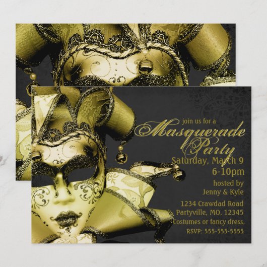 Geborsteld Goud Mardi Gras Masquerade Kaart (Voorkant / Achterkant)