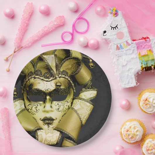 Geborsteld Goud Mardi Gras Masquerade Papieren Bordje (Feest)