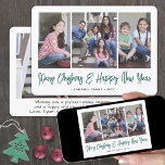 Geborsteld Groen Script Kerstmis & Nieuwjaar 4 Fot Feestdagenkaart<br><div class="desc">Verstuur stijlvolle, vrolijke groeten en deel vier van je favoriete afbeeldingen met een unieke aangepaste fotocollage-vakantiekaart. Alle tekst op deze sjabloon is eenvoudig te personaliseren om alle formuleringen op te nemen, zoals vrolijk kerstfeest, Prettige feestdagen, seizoensgroeten, nieuwjaarschaafjes, enz. (AFBEELDING PLACEMENT TIP: een gemakkelijke manier om een foto precies te centreren...</div>