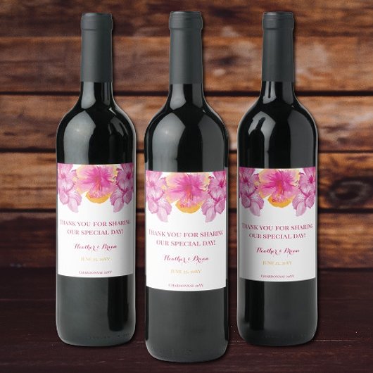 Geborsteld Hibiscus Bloemen bruiloft Wijn Etiket