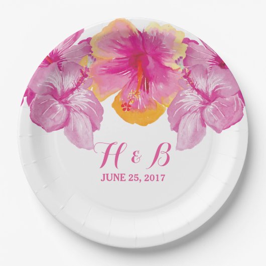 Geborsteld Hibiscus Bloemen Trouwpapier Borden Papieren Bordje (Voorkant)