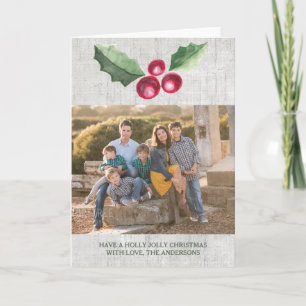 Geborsteld Holly en bessen Vakantiefoto Groet Feestdagen Kaart