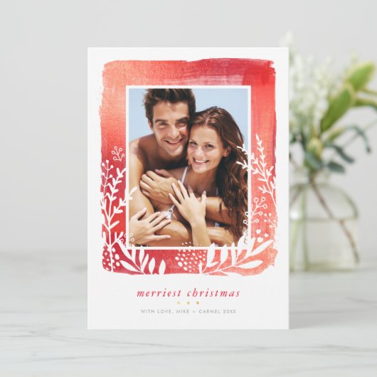 GEBORSTELD LIJST foto minimal modern gebladerte ro Feestdagenkaart (Staand voorkant)