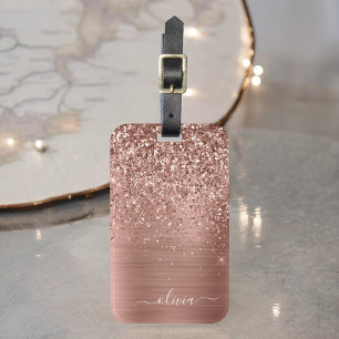 Geborsteld Metaal Roze Goud Roze Glitter Monogram Bagagelabel