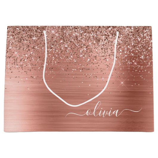 Geborsteld Metaal Roze Goud Roze Glitter Monogram Groot Cadeauzakje (Voorkant)