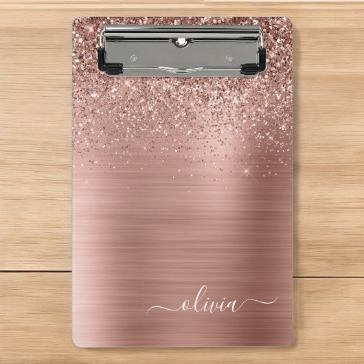 Geborsteld Metaal Roze Goud Roze Glitter Monogram Mini Klembord