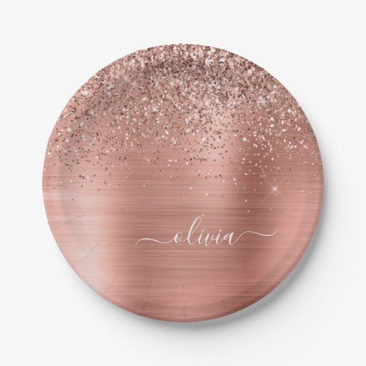 Geborsteld Metaal Roze Goud Roze Glitter Monogram Papieren Bordje (Voorkant)