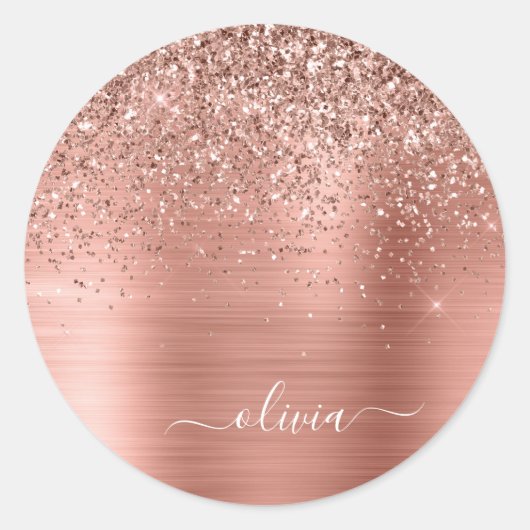 Geborsteld Metaal Roze Goud Roze Glitter Monogram Ronde Sticker (Voorkant)