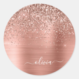 Geborsteld Metaal Roze Goud Roze Glitter Monogram Ronde Sticker