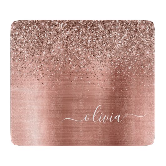 Geborsteld Metaal Roze Goud Roze Glitter Monogram Snijplank (Voorkant)