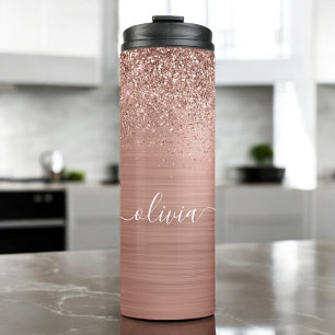 Geborsteld Metaal Roze Goud Roze Glitter Monogram Thermosbeker