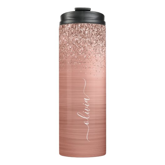 Geborsteld Metaal Roze Goud Roze Glitter Monogram Thermosbeker (Voorkant)