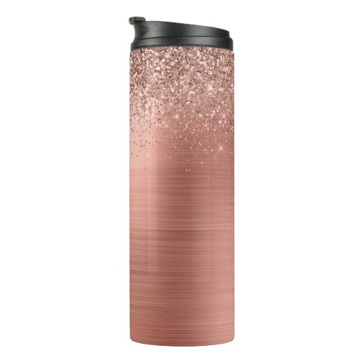 Geborsteld Metaal Roze Goud Roze Glitter Monogram Thermosbeker (Geroteerd rechts)