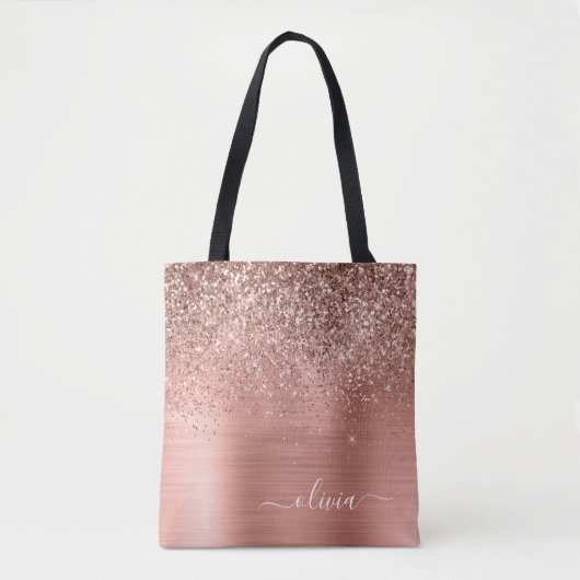 Geborsteld Metaal Roze Goud Roze Glitter Monogram Tote Bag (Voorkant)