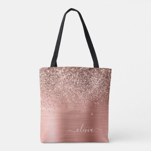 Geborsteld Metaal Roze Goud Roze Glitter Monogram Tote Bag (Achterkant)