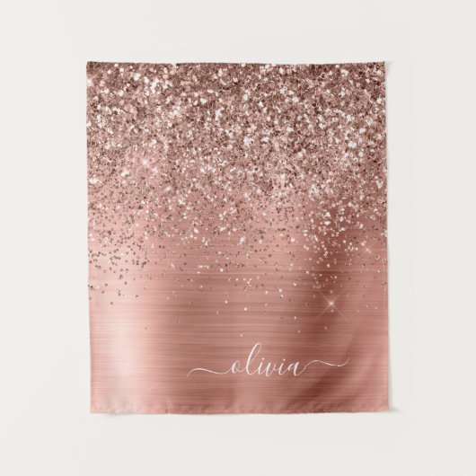 Geborsteld Metaal Roze Goud Roze Glitter Monogram Wandkleed (Voorkant)