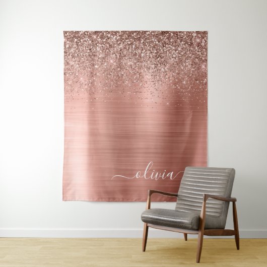 Geborsteld Metaal Roze Goud Roze Glitter Monogram Wandkleed (In situ)
