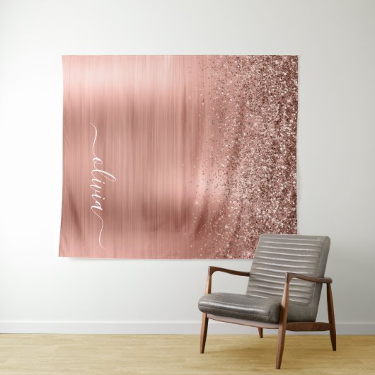 Geborsteld Metaal Roze Goud Roze Glitter Monogram Wandkleed (In Situ (horizontaal))