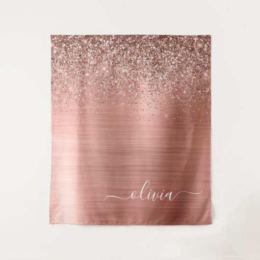 Geborsteld Metaal Roze Goud Roze Glitter Monogram Wandkleed (Voorkant)