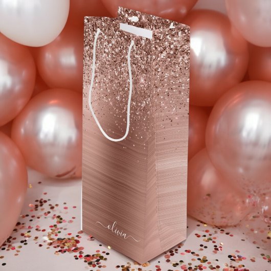 Geborsteld Metaal Roze Goud Roze Glitter Monogram Wijn Cadeautas