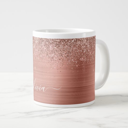 Geborsteld Metaal Roze Goud Roze Glitters Monogram Grote Koffiekop (Voorkant rechts)
