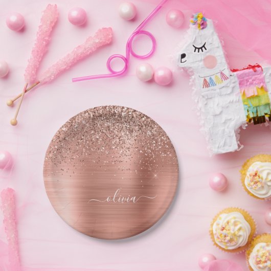 Geborsteld Metaal Roze Goud Roze Glitters Monogram Papieren Bordje (Feest)