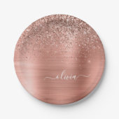 Geborsteld Metaal Roze Goud Roze Glitters Monogram Papieren Bordje (Voorkant)