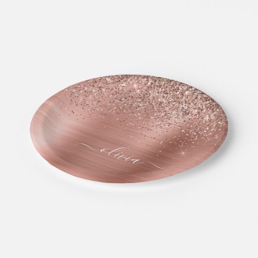 Geborsteld Metaal Roze Goud Roze Glitters Monogram Papieren Bordje (Gekanteld)