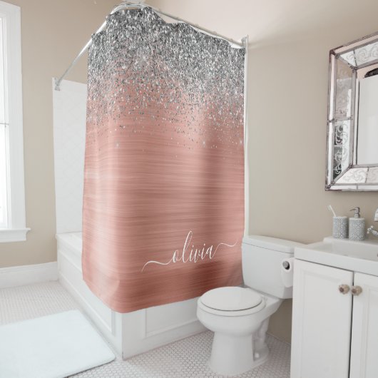 Geborsteld Metaal Roze Goud Zilver Glitter Monogra Douchegordijn (In situ)