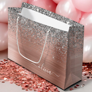 Geborsteld Metaal Roze Goud Zilver Glitter Monogra Groot Cadeauzakje