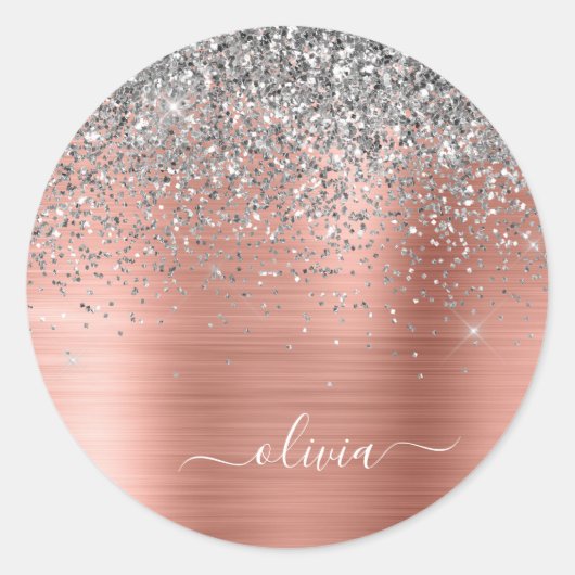 Geborsteld Metaal Roze Goud Zilver Glitter Monogra Ronde Sticker (Voorkant)