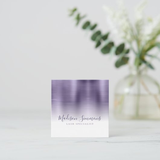 geborsteld metallic violet monogram elegant script vierkante visitekaartje (Staand voorkant)