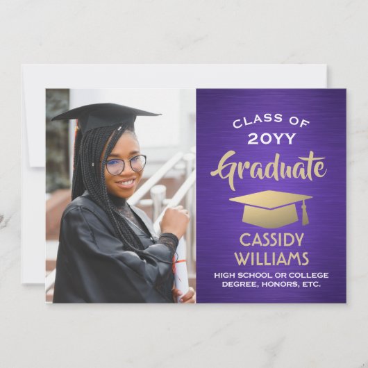 Geborsteld Paarse en Gouden Modern Afstuderen Foto Kaart (Voorkant)