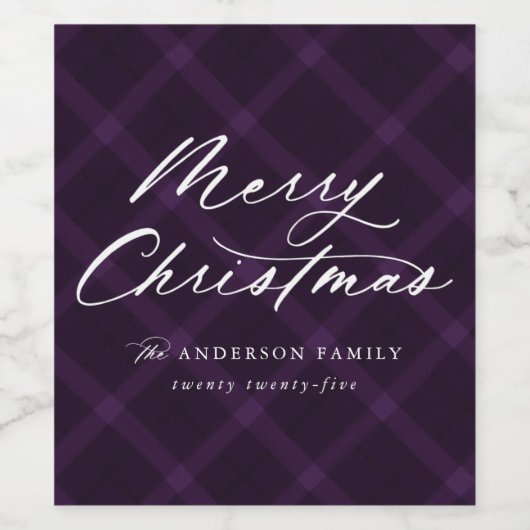 Geborsteld Paarse geruite vrolijke kerst Wijn Etiket (Enkel label)