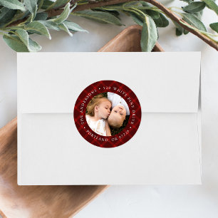 Geborsteld rood geruite foto retour adreslabel ronde sticker