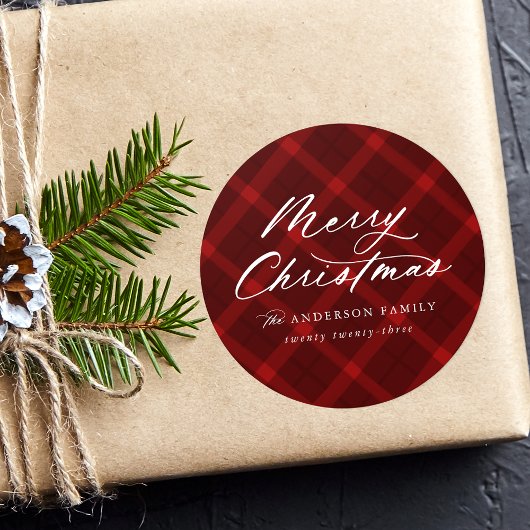 Geborsteld Rood Plaid Vrolijk Kerstfeest Ronde Sticker