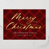Geborsteld Rood Plaid Vrolijk Kerstmis Non-Foto Folie Feestdagenkaart (Voorkant)