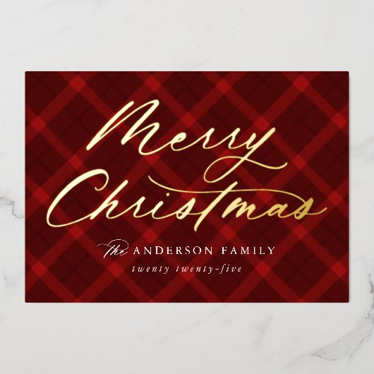 Geborsteld Rood Plaid Vrolijk Kerstmis Non-Foto Folie Feestdagenkaart (Voorkant)