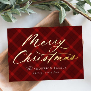Geborsteld Rood Plaid Vrolijk Kerstmis Non-Foto Folie Feestdagenkaart